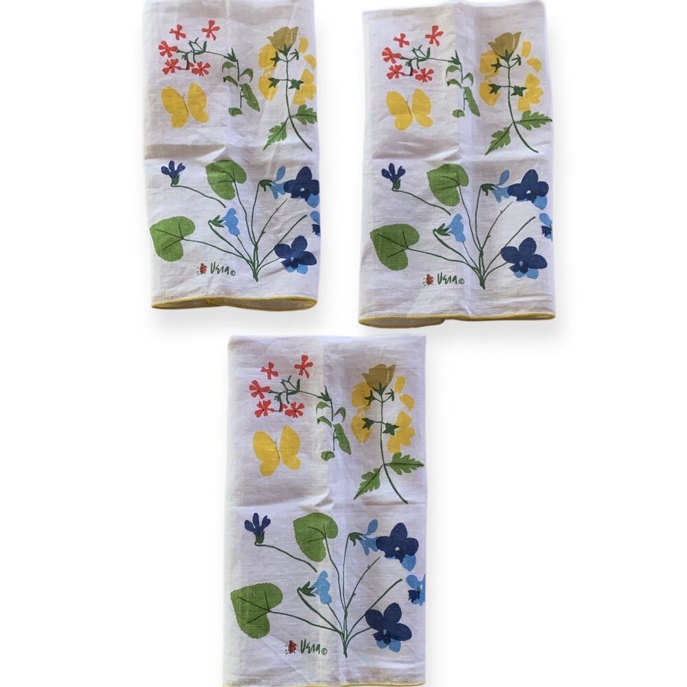 Set of 3 Vintage MCM Vera Neumann White Fabric Napkins Ladybug Butterfly Floral